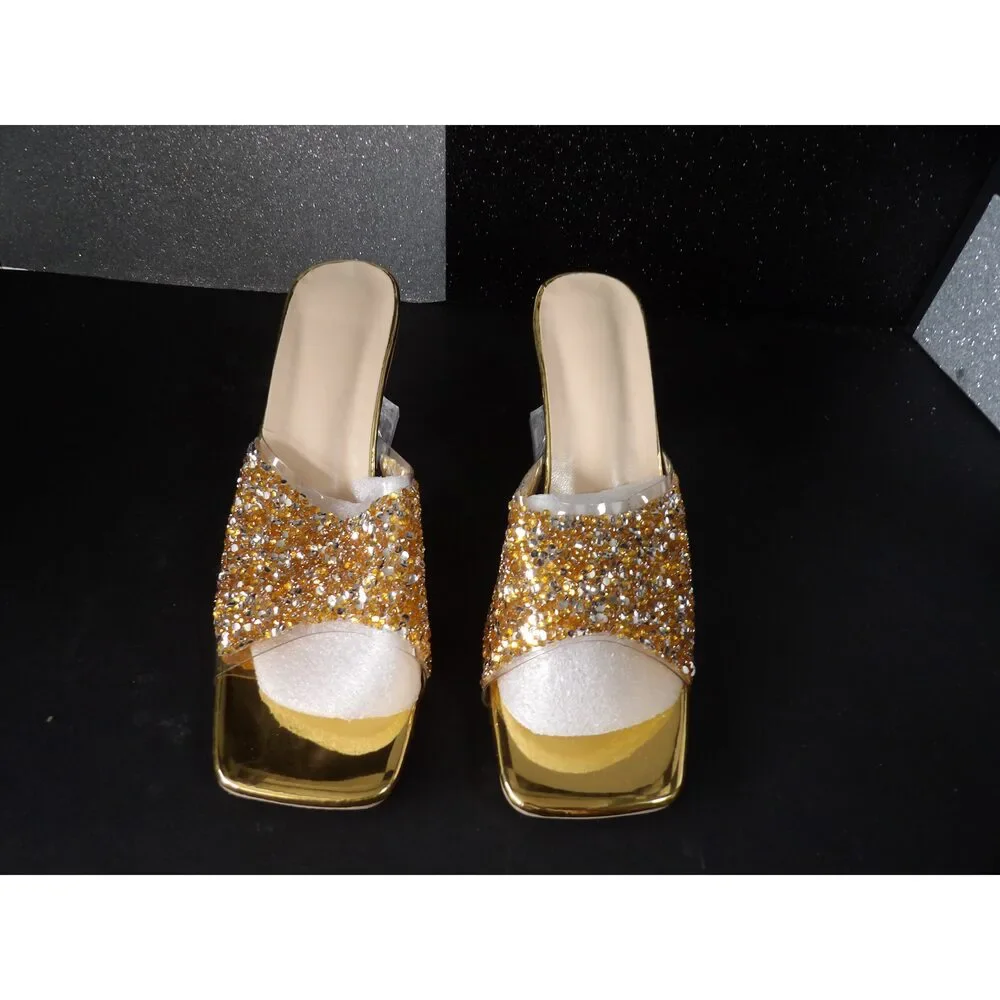 Rhinestone Slide Heels - Gold (Size US Women's 7.5, EU 38)